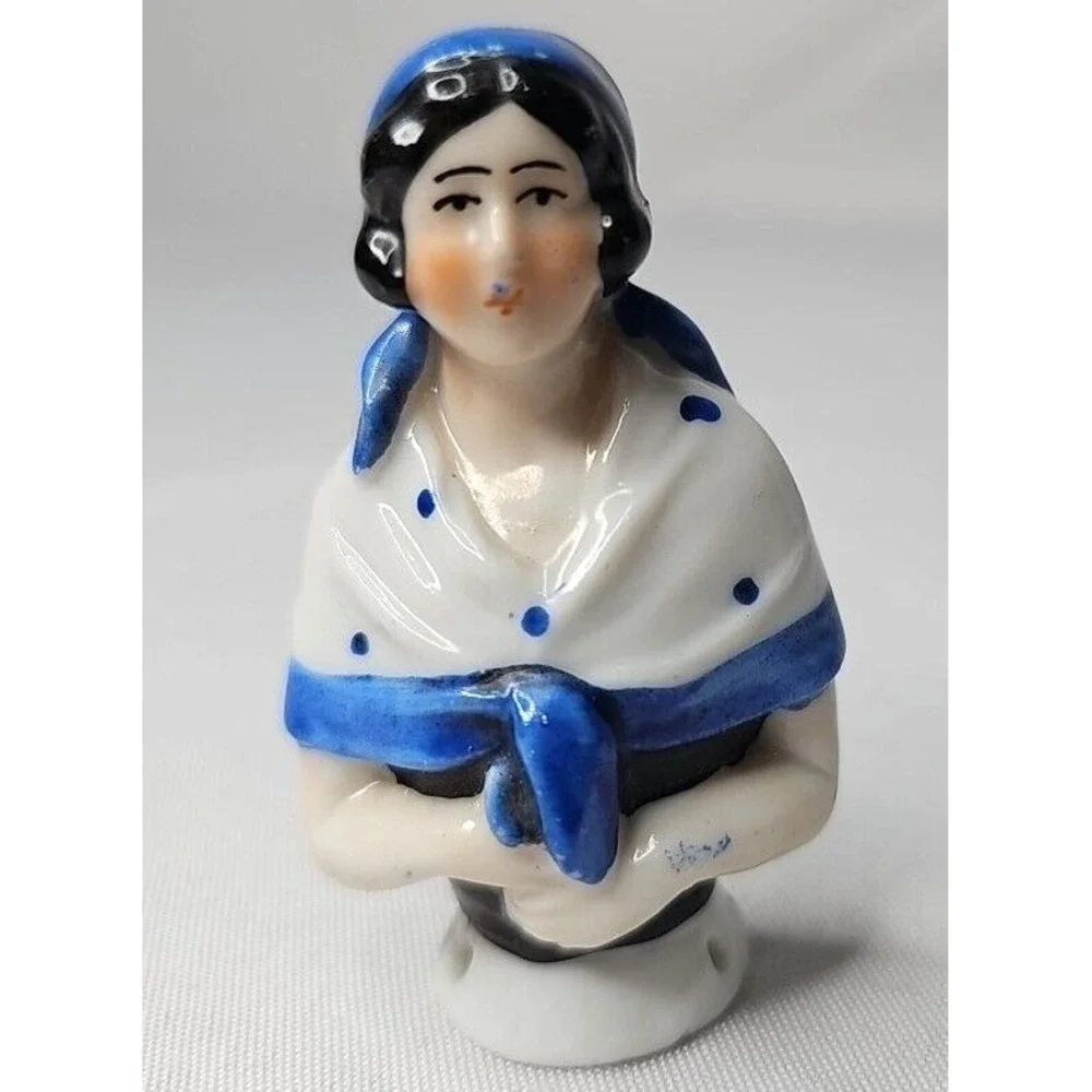 German Art Deco Porcelain Pin Cushion Half Doll, Blue Polka Dot Shawl Head Scarf